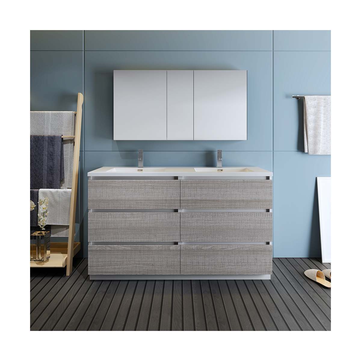Lazzaro 60" Free Standing Double Basin Vanity Set with Cabinet, Acrylic Vanity Top, and Medicine Cabinet