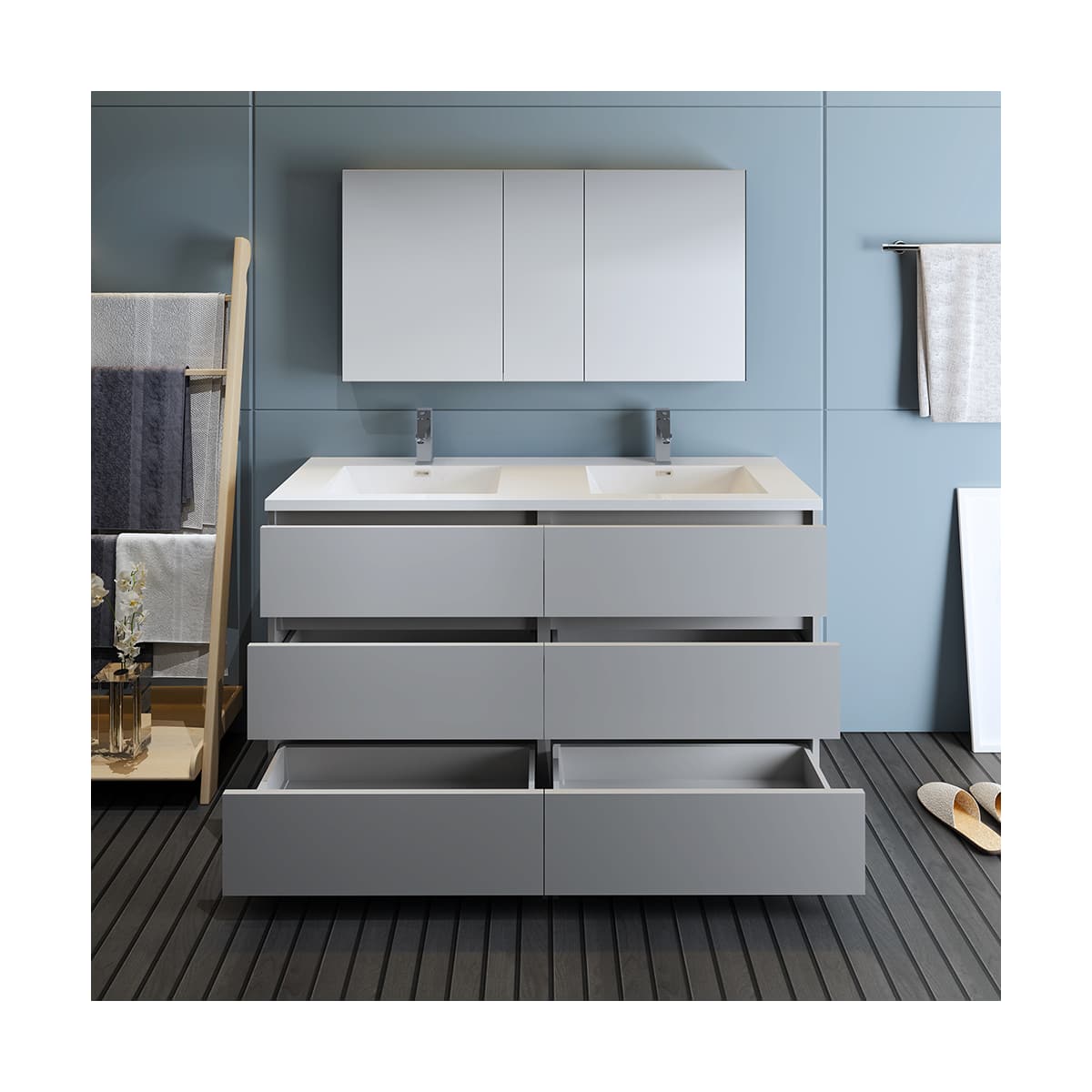Lazzaro 60" Free Standing Double Basin Vanity Set with Cabinet, Acrylic Vanity Top, and Medicine Cabinet