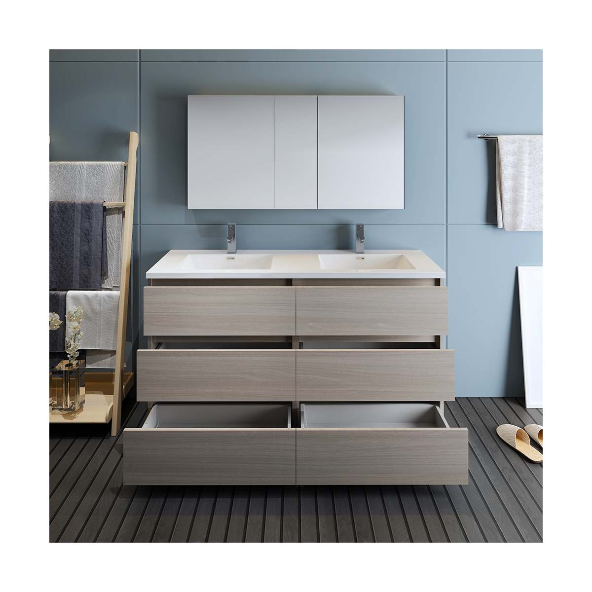Lazzaro 60" Free Standing Double Basin Vanity Set with Cabinet, Acrylic Vanity Top, and Medicine Cabinet