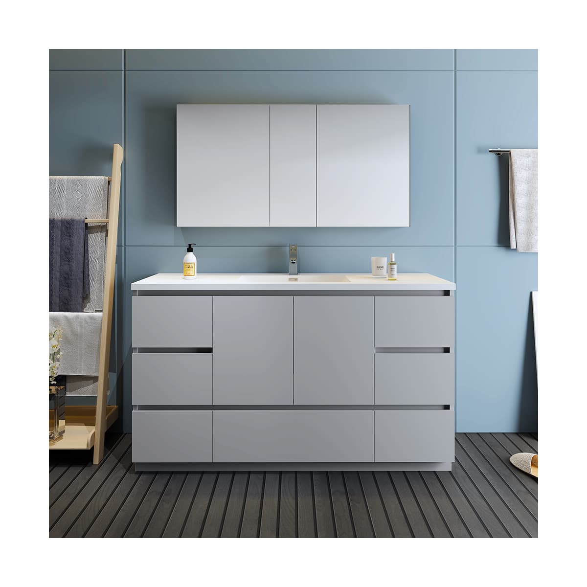 Lazzaro 60" Free Standing Single Basin Vanity Set with Cabinet, Acrylic Vanity Top, and Medicine Cabinet
