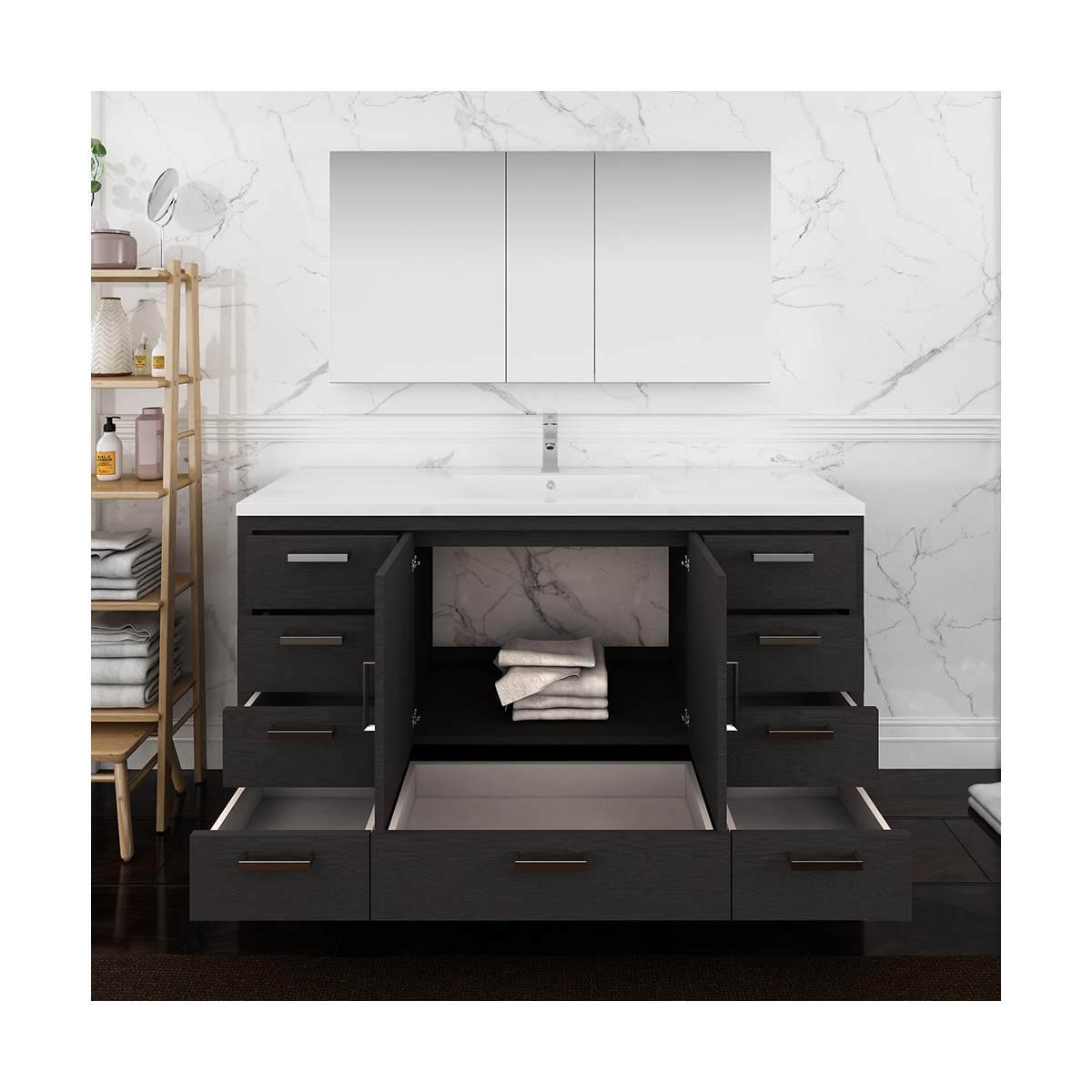 Imperia 60" Free Standing Single Basin Vanity Set with Cabinet, Acrylic Vanity Top, and Medicine Cabinet