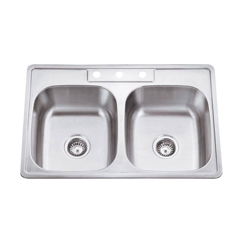 Stainless Steel 33"L x 22" W Drop In Equal Double Basin Kitchen Sink with 3 Pre-Drilled 8" Spread Holes - image 1