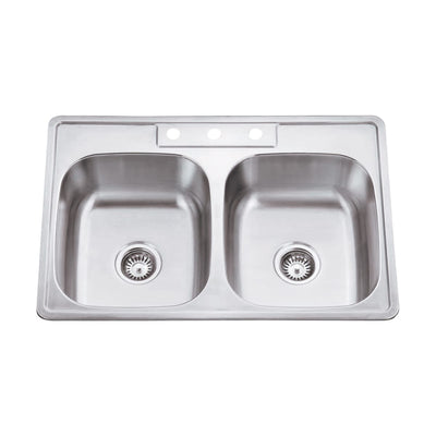 Stainless Steel 33"L x 22" W Drop In Equal Double Basin Kitchen Sink with 3 Pre-Drilled 8" Spread Holes - image 1