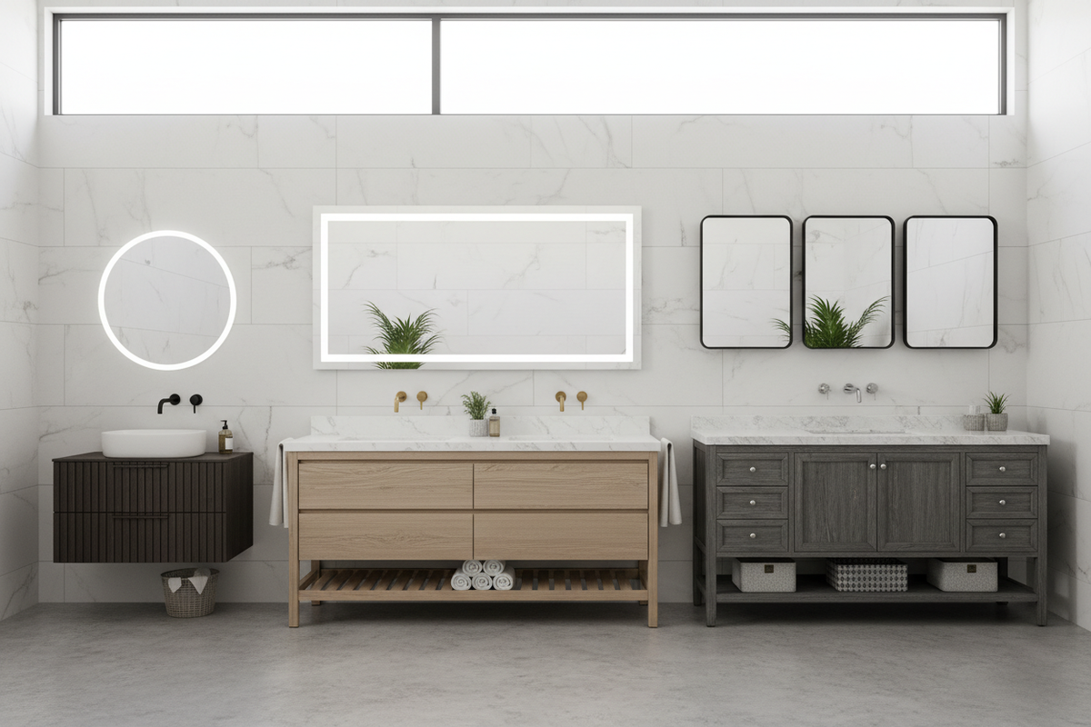 A bathroom vanity in a finished room