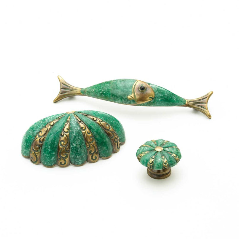 Solid Brass 4-1/2" Center to Center Designer Coastal Fish Cabinet Handle with Shell Inlays - image 4