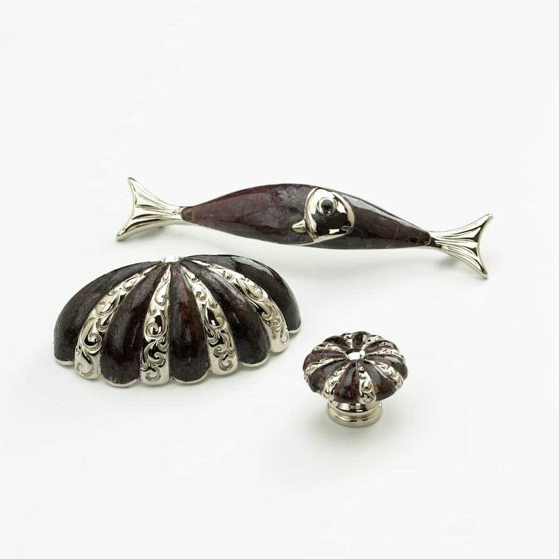 Solid Brass 4-1/2" Center to Center Designer Coastal Fish Cabinet Handle with Shell Inlays - image 5