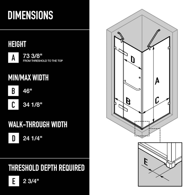 Monteray 79" High x 48" Wide x 36" Deep Hinged, Pivot Frameless Shower Enclosure with Clear Glass - image 3