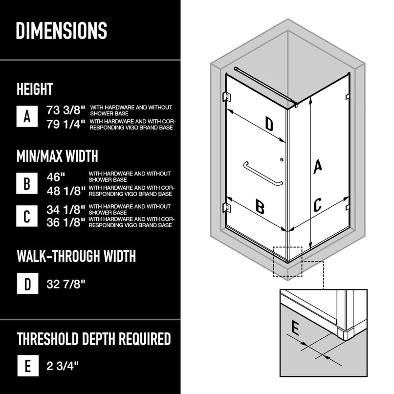 Pacifica 73" High x 34" Wide x 46" Deep Hinged Frameless Shower Enclosure with Clear Glass - image 3