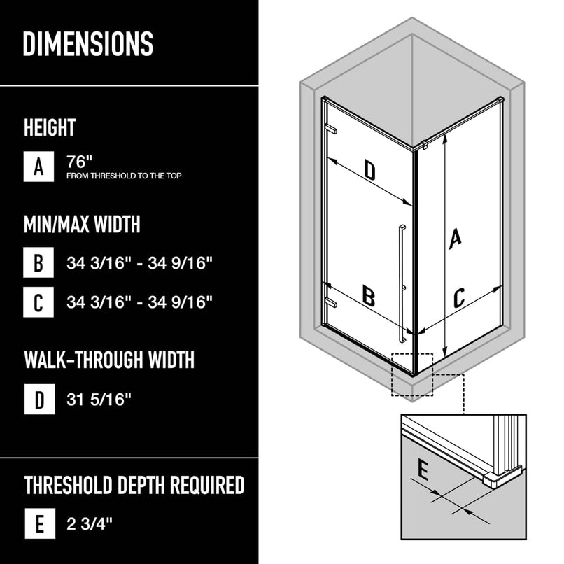 Meridian 76" High x 34" Wide x 34" Deep Hinged Framed Shower Enclosure with Clear Glass - image 3