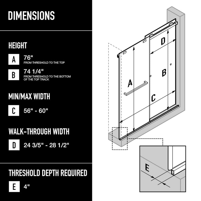 Houston 76" High x 60" Wide Sliding Frameless Shower Door with Clear Glass - image 3