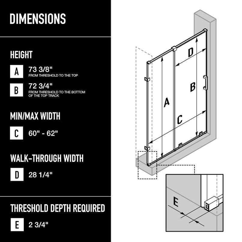 Ryland 73" High x 62" Wide Sliding Frameless Shower Door with Clear Glass - image 3