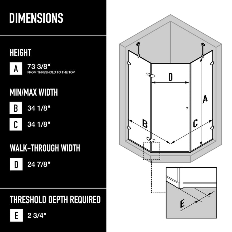 Verona 73" High x 34" Wide x 34" Deep Hinged Frameless Shower Enclosure with Clear Glass - image 3