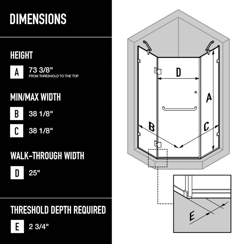 Piedmont 73" High x 38" Wide x 38" Deep Hinged Frameless Shower Enclosure with Clear Glass - image 3