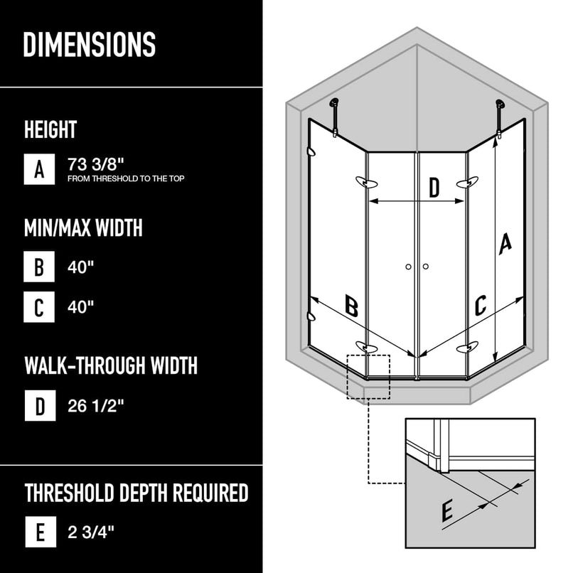 Gemini 77" High x 42" Wide x 42" Deep Hinged Frameless Shower Enclosure with Clear Glass - image 4