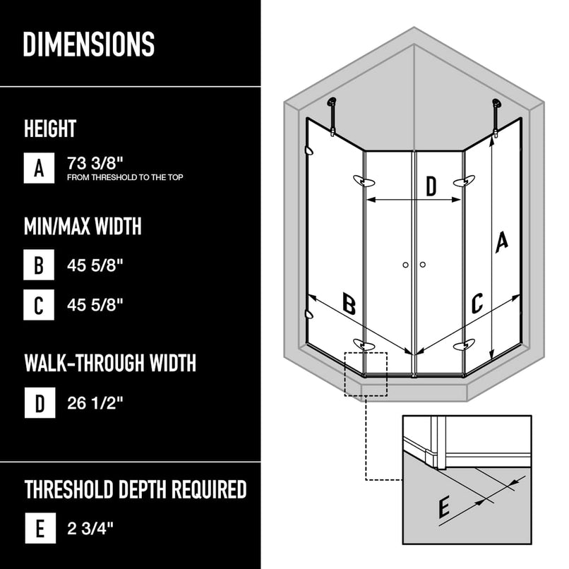 Gemini 77" High x 48" Wide x 48" Deep Hinged Frameless Shower Enclosure with Clear Glass - image 4