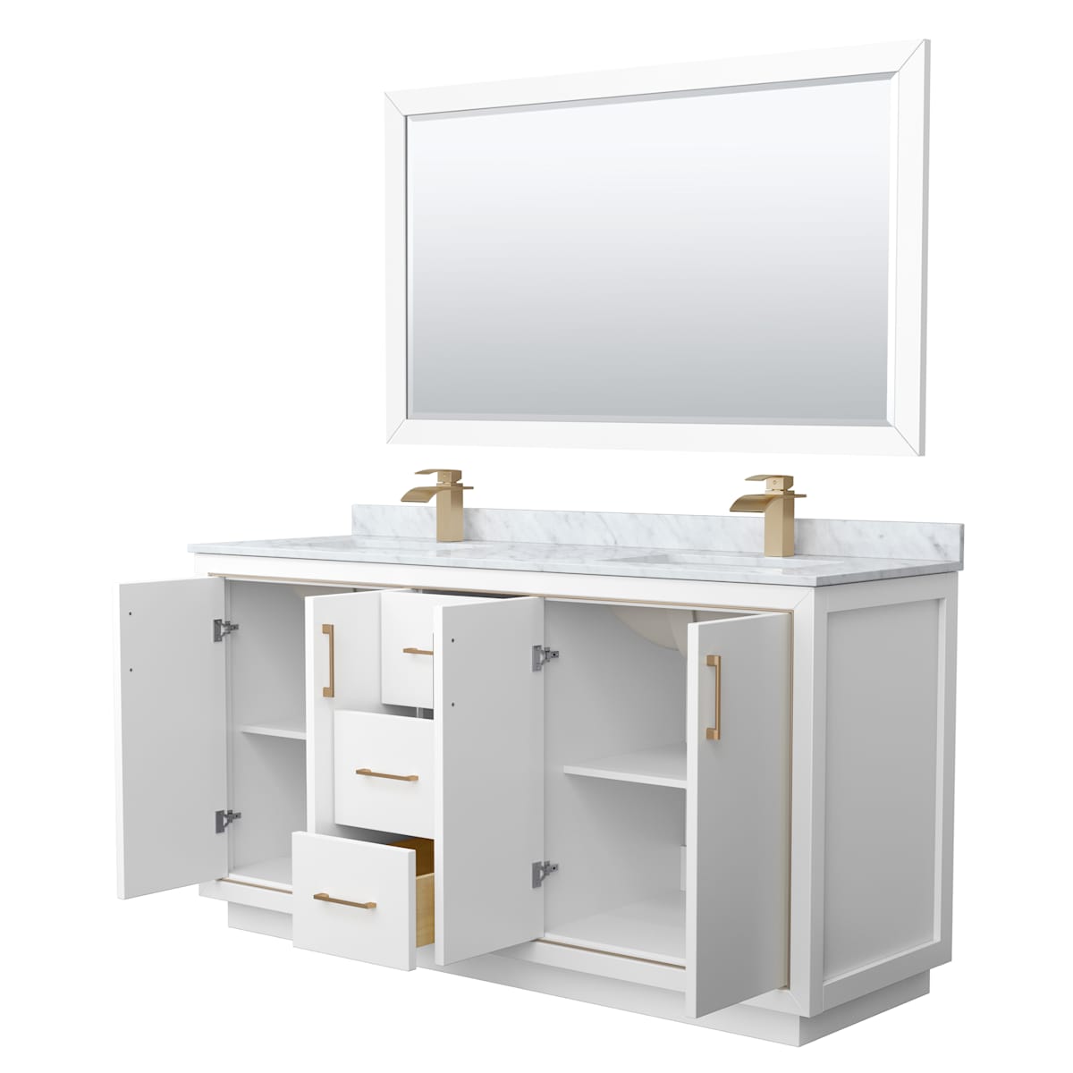 Icon 66" Free Standing Double Basin Vanity Set with Cabinet, Marble Vanity Top, and Framed Mirror