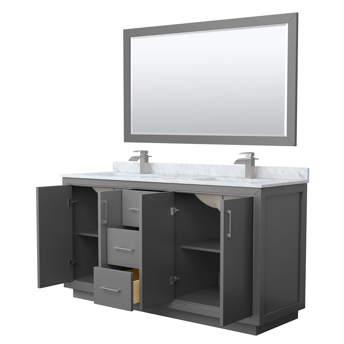 Icon 66" Free Standing Double Basin Vanity Set with Cabinet, Marble Vanity Top, and Framed Mirror