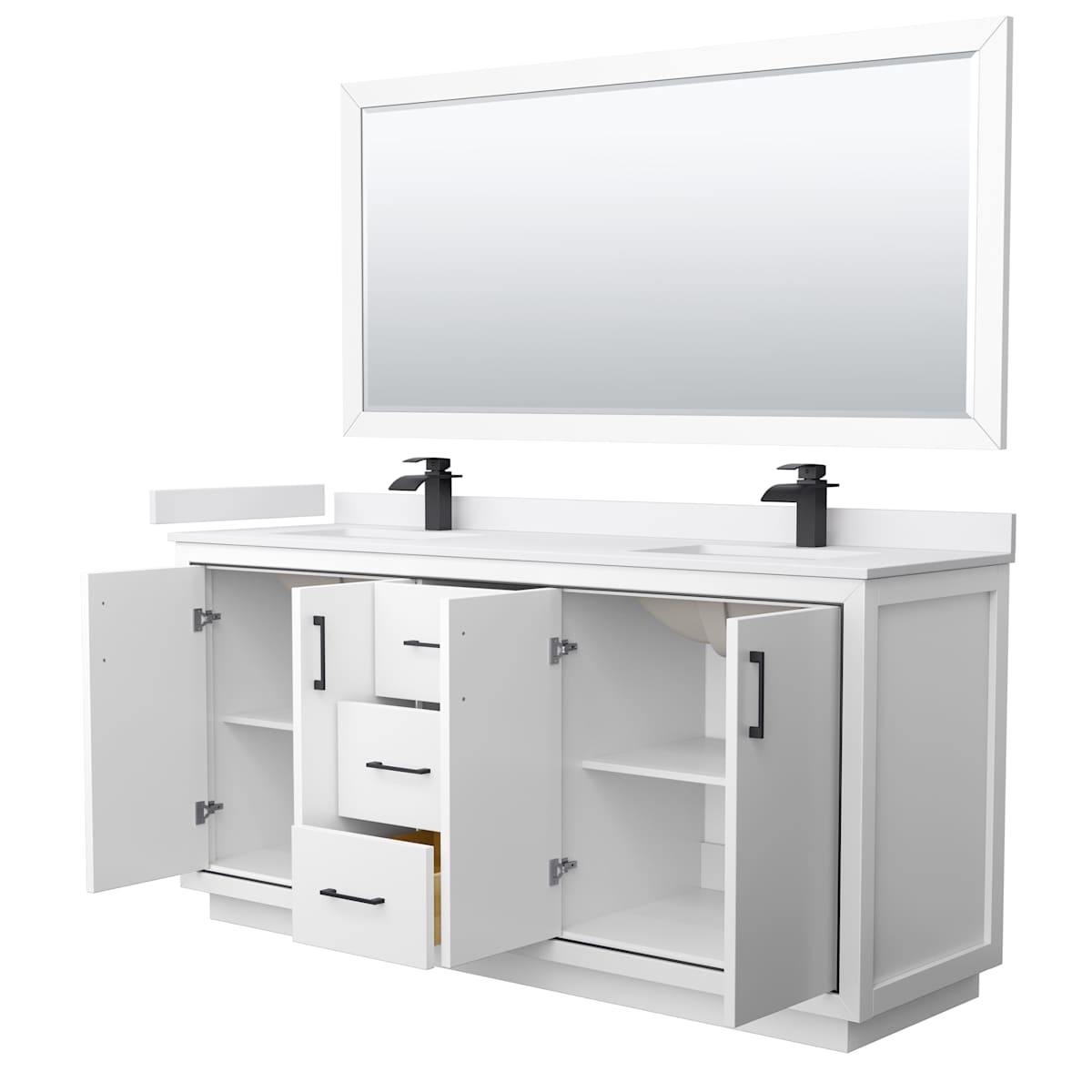 Icon 72" Free Standing Double Basin Vanity Set with Cabinet, Cultured Marble Vanity Top, and Framed Mirror