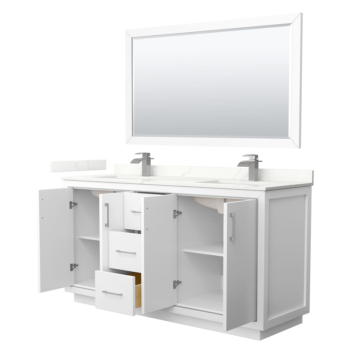 Icon 66" Free Standing Double Basin Vanity Set with Cabinet, Quartz Vanity Top, and Framed Mirror