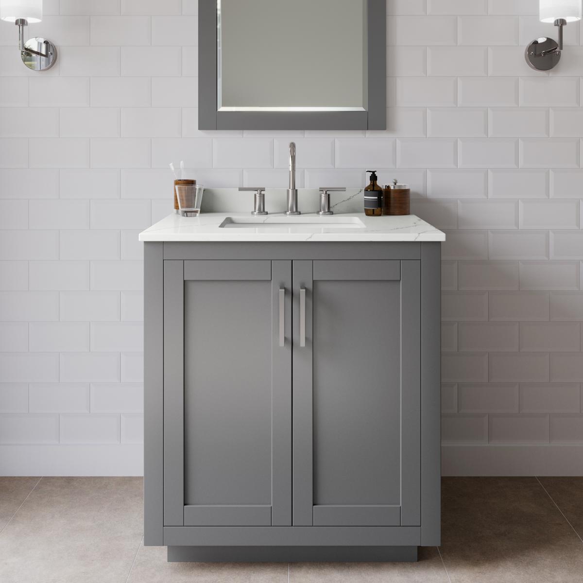 Miranda 30" Free Standing Single Basin Vanity Set with Cabinet, Quartz Vanity Top, and Framed Mirror