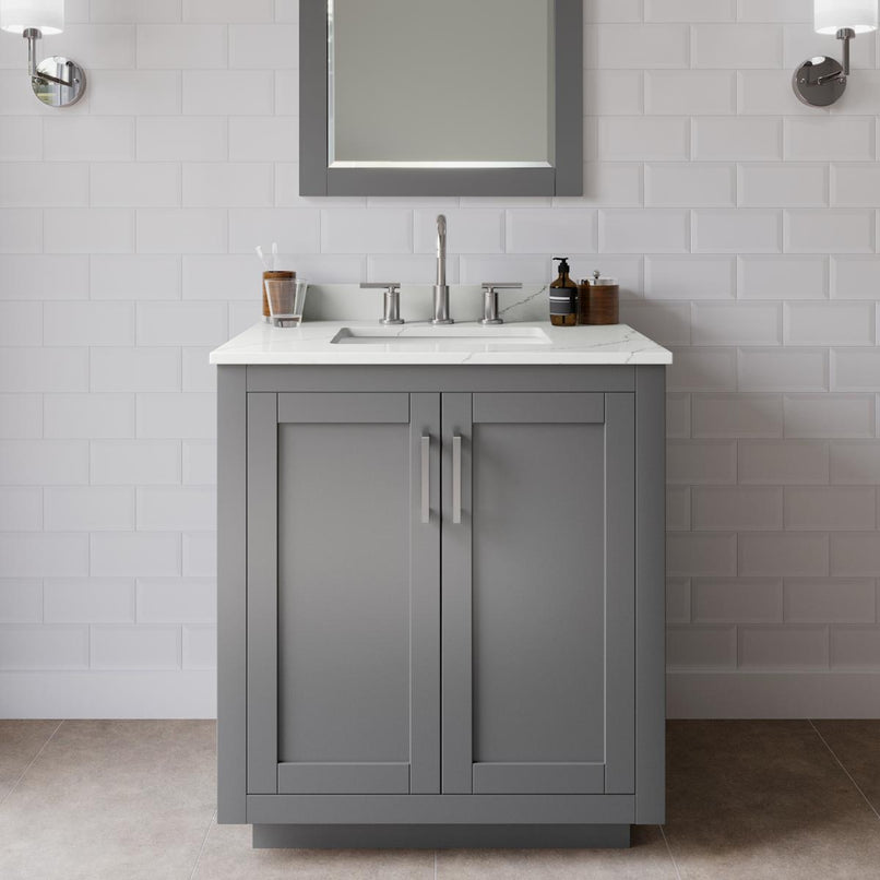 Miranda 30" Free Standing Single Basin Vanity Set with Cabinet, Quartz Vanity Top, and Framed Mirror - image 1
