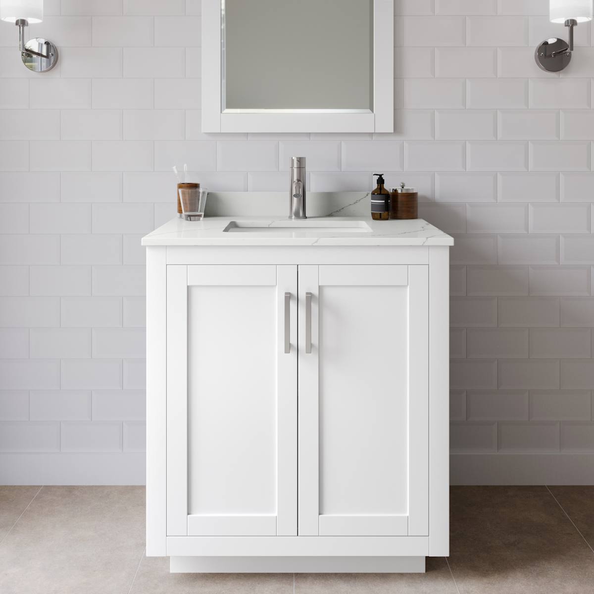 Miranda 30" Free Standing Single Basin Vanity Set with Cabinet, Quartz Vanity Top, and Framed Mirror - image 1