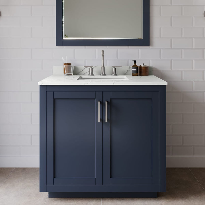 Miranda 36" Free Standing Single Basin Vanity Set with Cabinet, Quartz Vanity Top, and Framed Mirror - image 1