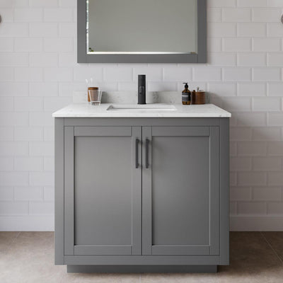 Miranda 36" Free Standing Single Basin Vanity Set with Cabinet, Cultured Marble Vanity Top, and Framed Mirror - image 1