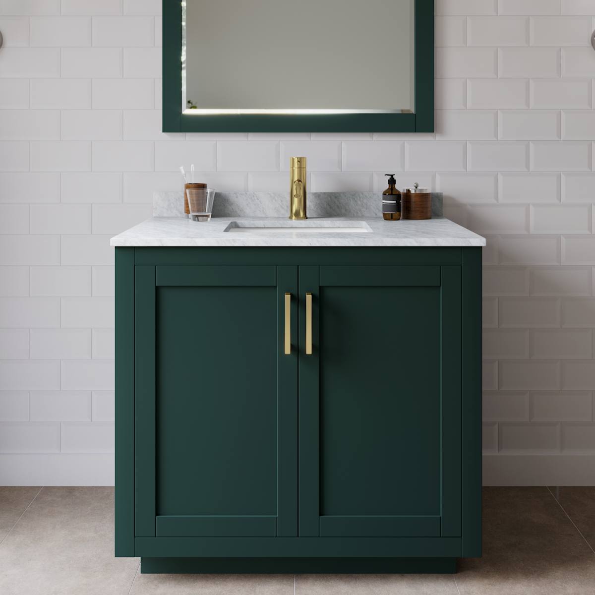 Miranda 36" Free Standing Single Basin Vanity Set with Cabinet, Marble Vanity Top, and Framed Mirror - image 1