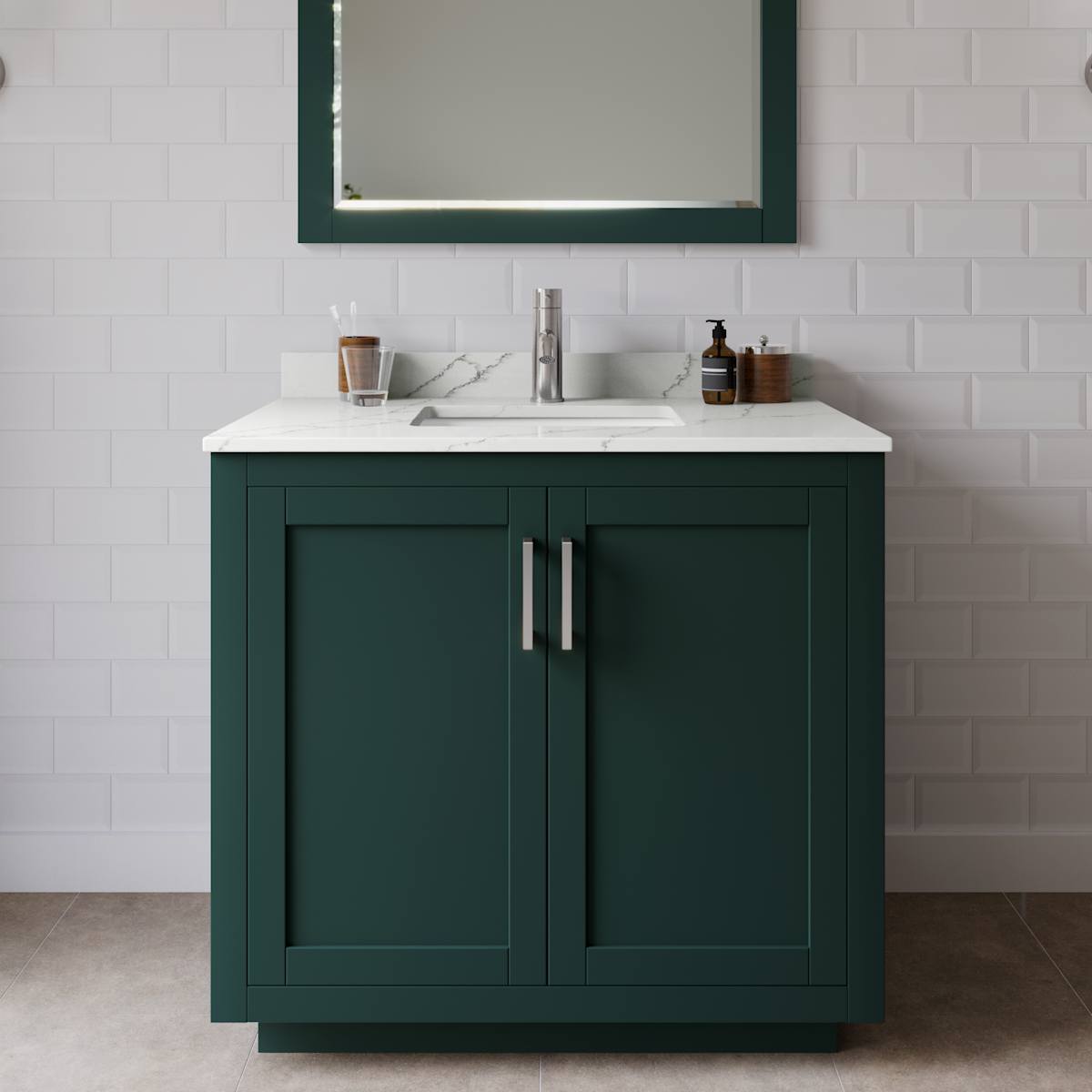 Miranda 36" Free Standing Single Basin Vanity Set with Cabinet, Quartz Vanity Top, and Framed Mirror