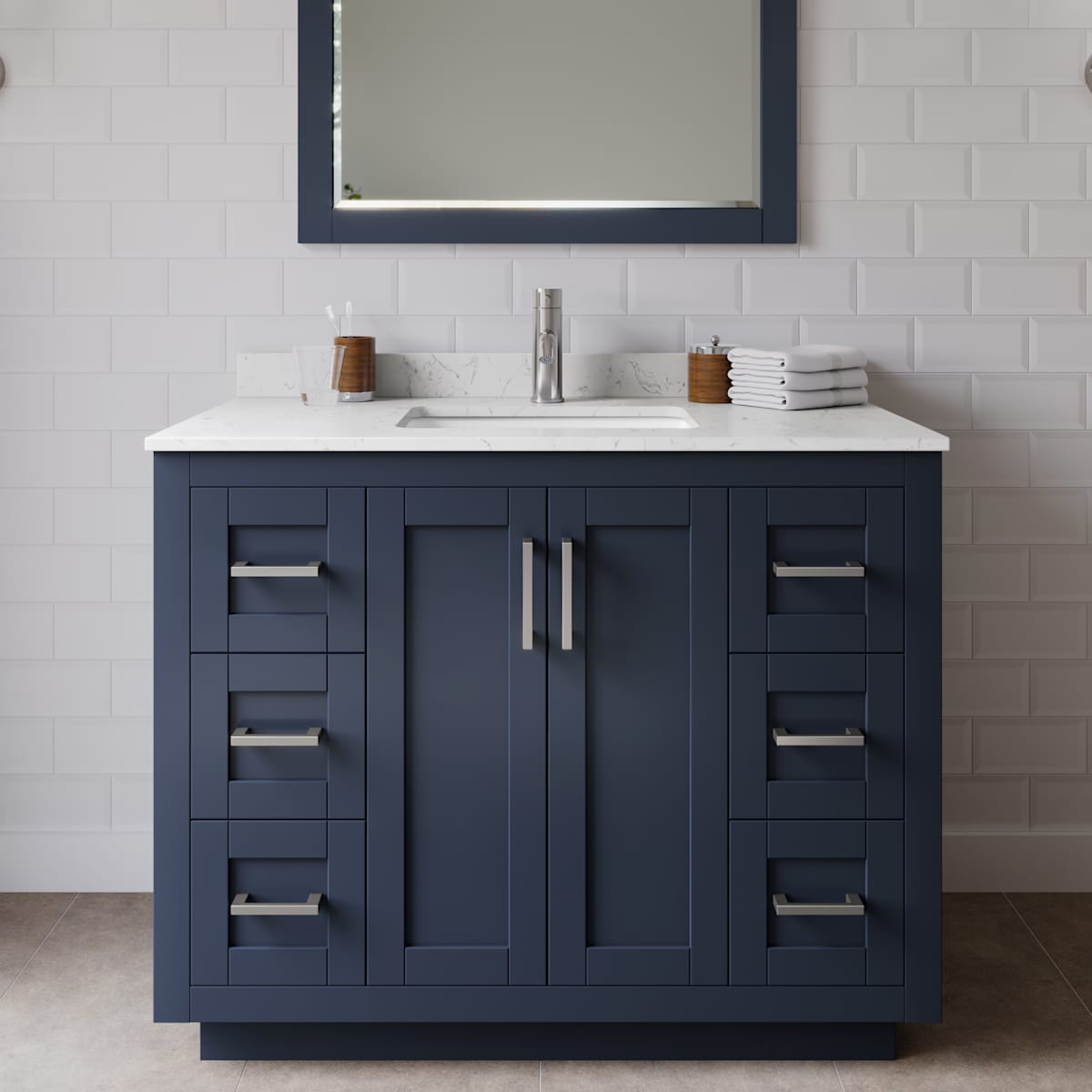 Miranda 42" Free Standing Single Basin Vanity Set with Cabinet, Cultured Marble Vanity Top, and Framed Mirror