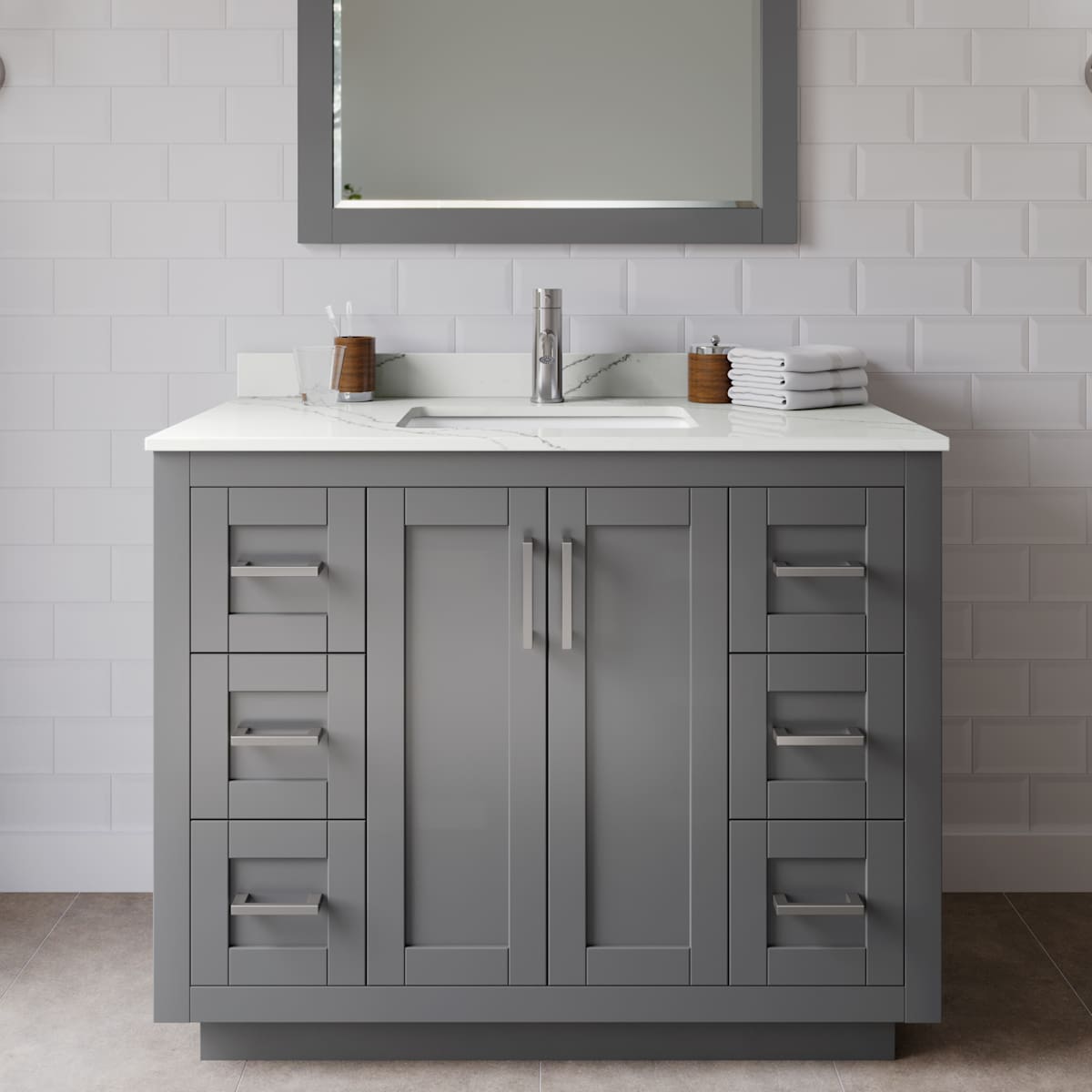 Miranda 42" Free Standing Single Basin Vanity Set with Cabinet, Quartz Vanity Top, and Framed Mirror