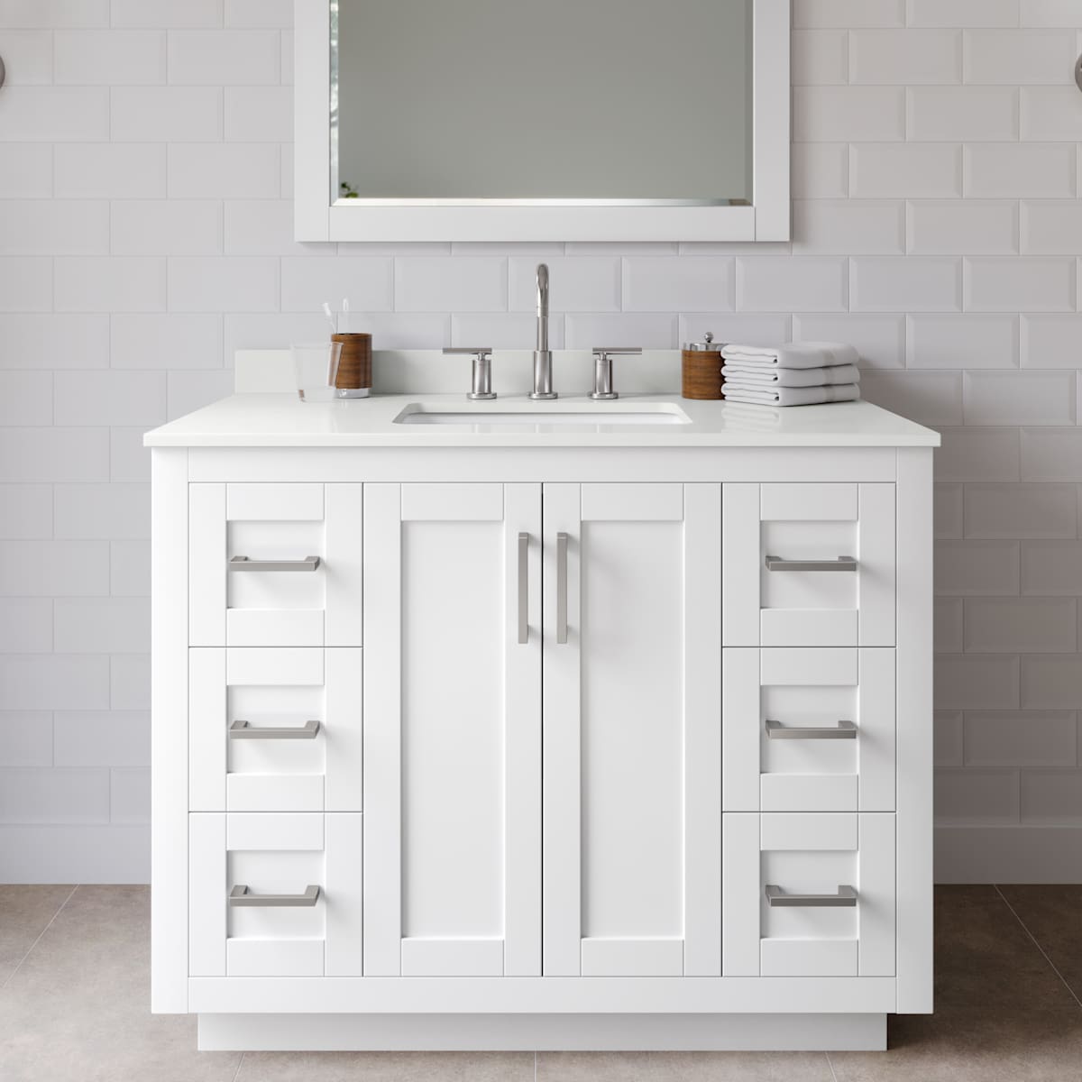 Miranda 42" Free Standing Single Basin Vanity Set with Cabinet, Quartz Vanity Top, and Framed Mirror