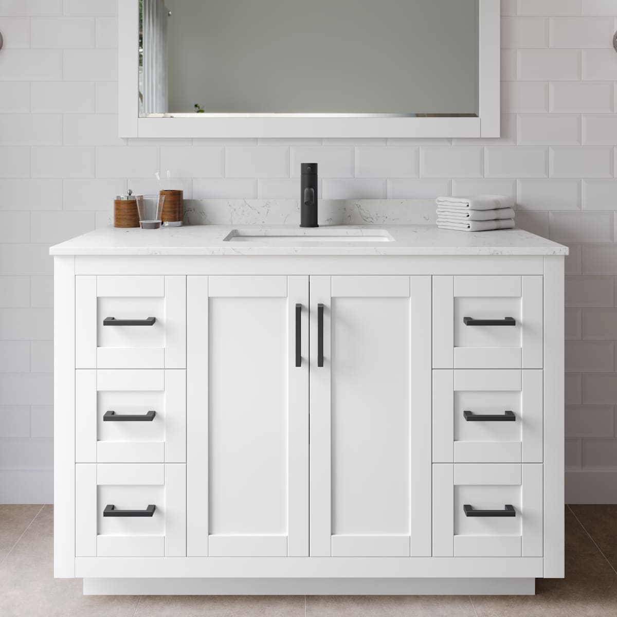 Miranda 48" Free Standing Single Basin Vanity Set with Cabinet, Cultured Marble Vanity Top, and Framed Mirror