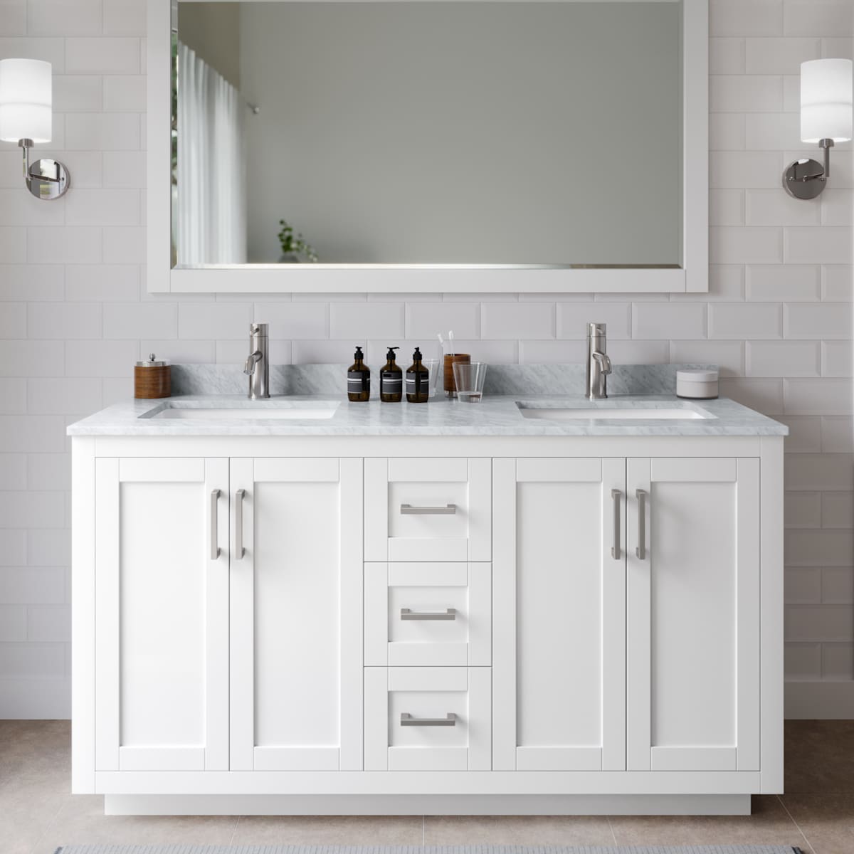 Miranda 60" Free Standing Double Basin Vanity Set with Cabinet, Marble Vanity Top, and Framed Mirror - image 1