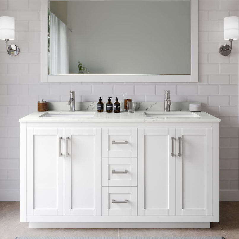Miranda 60" Free Standing Double Basin Vanity Set with Cabinet, Quartz Vanity Top, and Framed Mirror - image 1
