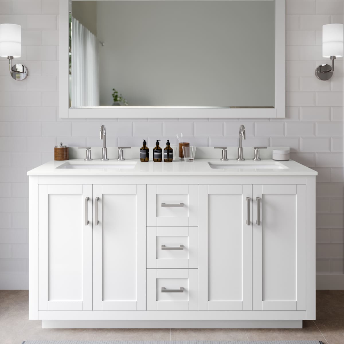 Miranda 60" Free Standing Double Basin Vanity Set with Cabinet, Quartz Vanity Top, and Framed Mirror
