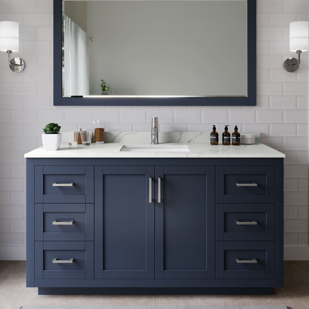 Miranda 60" Free Standing Single Basin Vanity Set with Cabinet, Quartz Vanity Top, and Framed Mirror - image 1