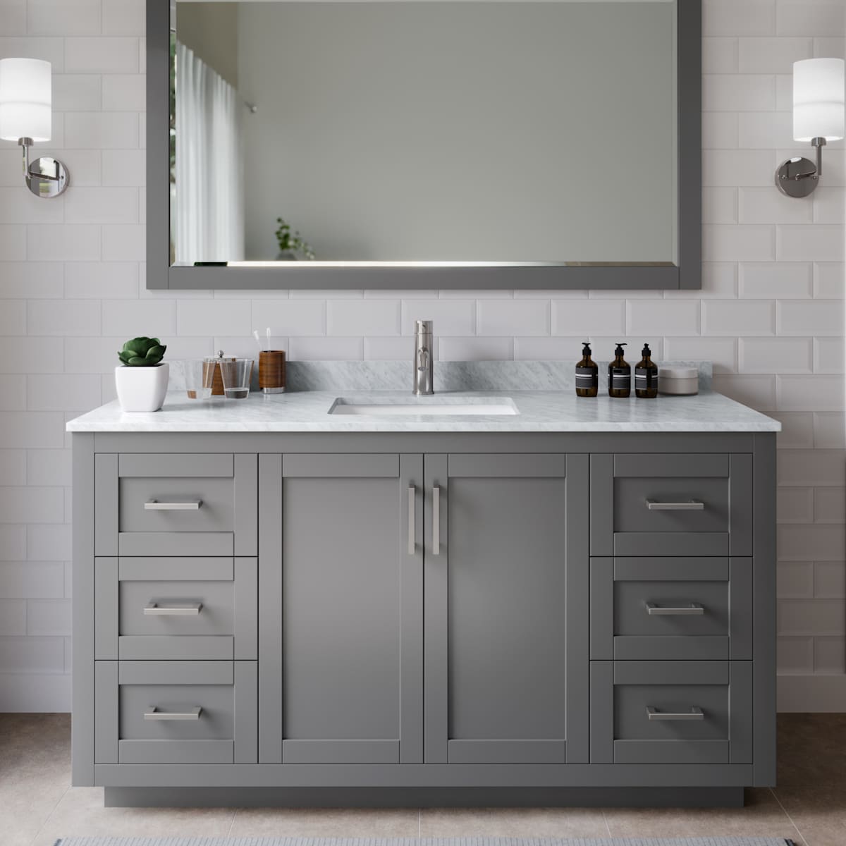 Miranda 60" Free Standing Single Basin Vanity Set with Cabinet, Marble Vanity Top, and Framed Mirror