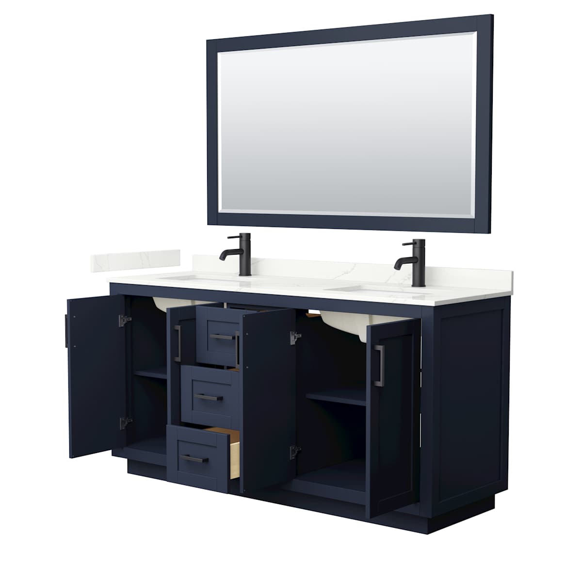 Miranda 66" Free Standing Double Basin Vanity Set with Cabinet, Quartz Vanity Top, and Framed Mirror