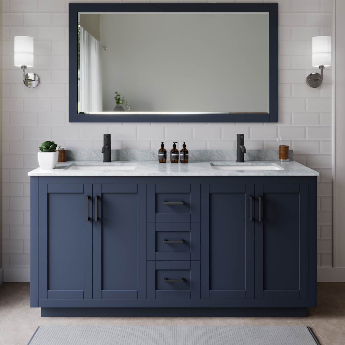 Miranda 66" Free Standing Double Basin Vanity Set with Cabinet, Marble Vanity Top, and Framed Mirror - image 1
