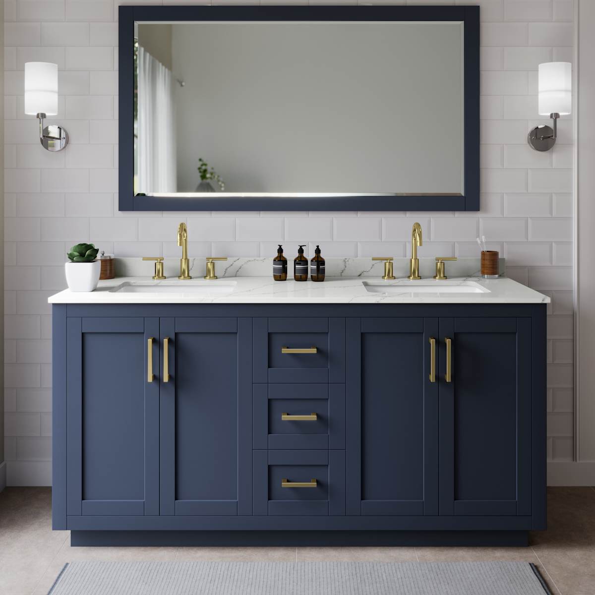 Miranda 66" Free Standing Double Basin Vanity Set with Cabinet, Quartz Vanity Top, and Framed Mirror - image 1