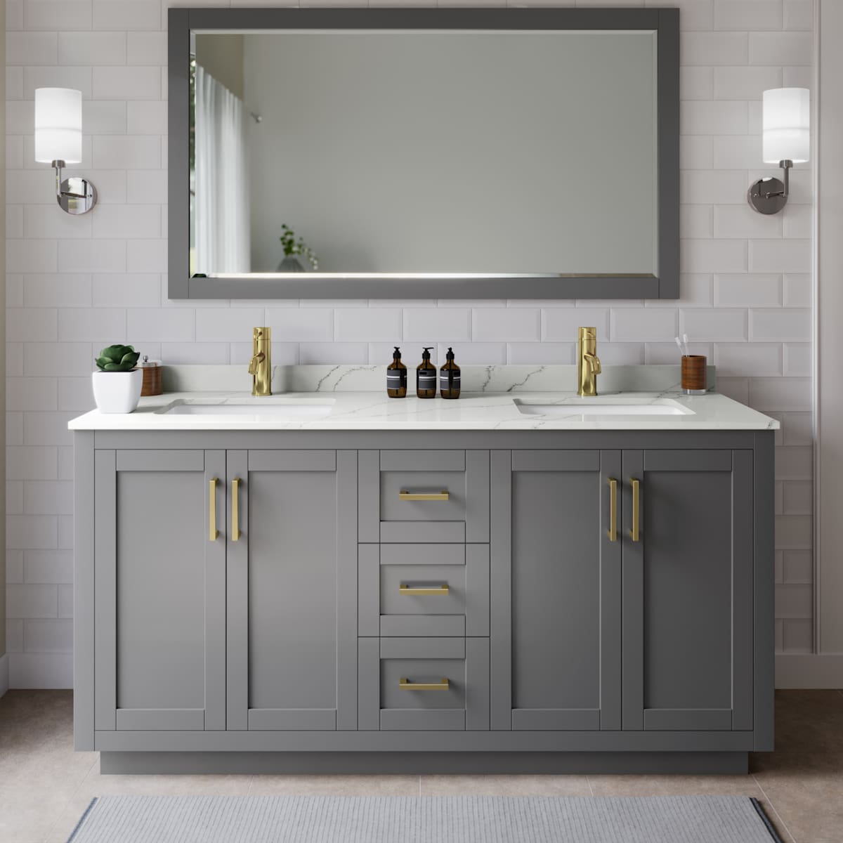 Miranda 66" Free Standing Double Basin Vanity Set with Cabinet, Quartz Vanity Top, and Framed Mirror