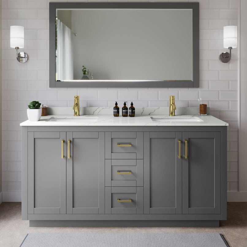 Miranda 66" Free Standing Double Basin Vanity Set with Cabinet, Quartz Vanity Top, and Framed Mirror - image 1