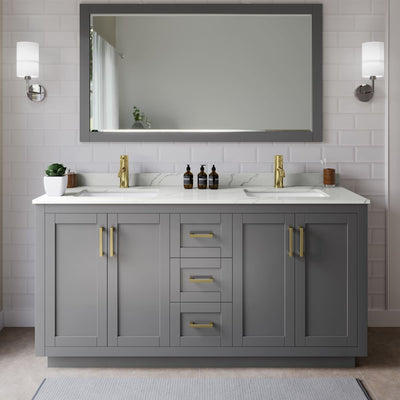 Miranda 66" Free Standing Double Basin Vanity Set with Cabinet, Quartz Vanity Top, and Framed Mirror - image 1
