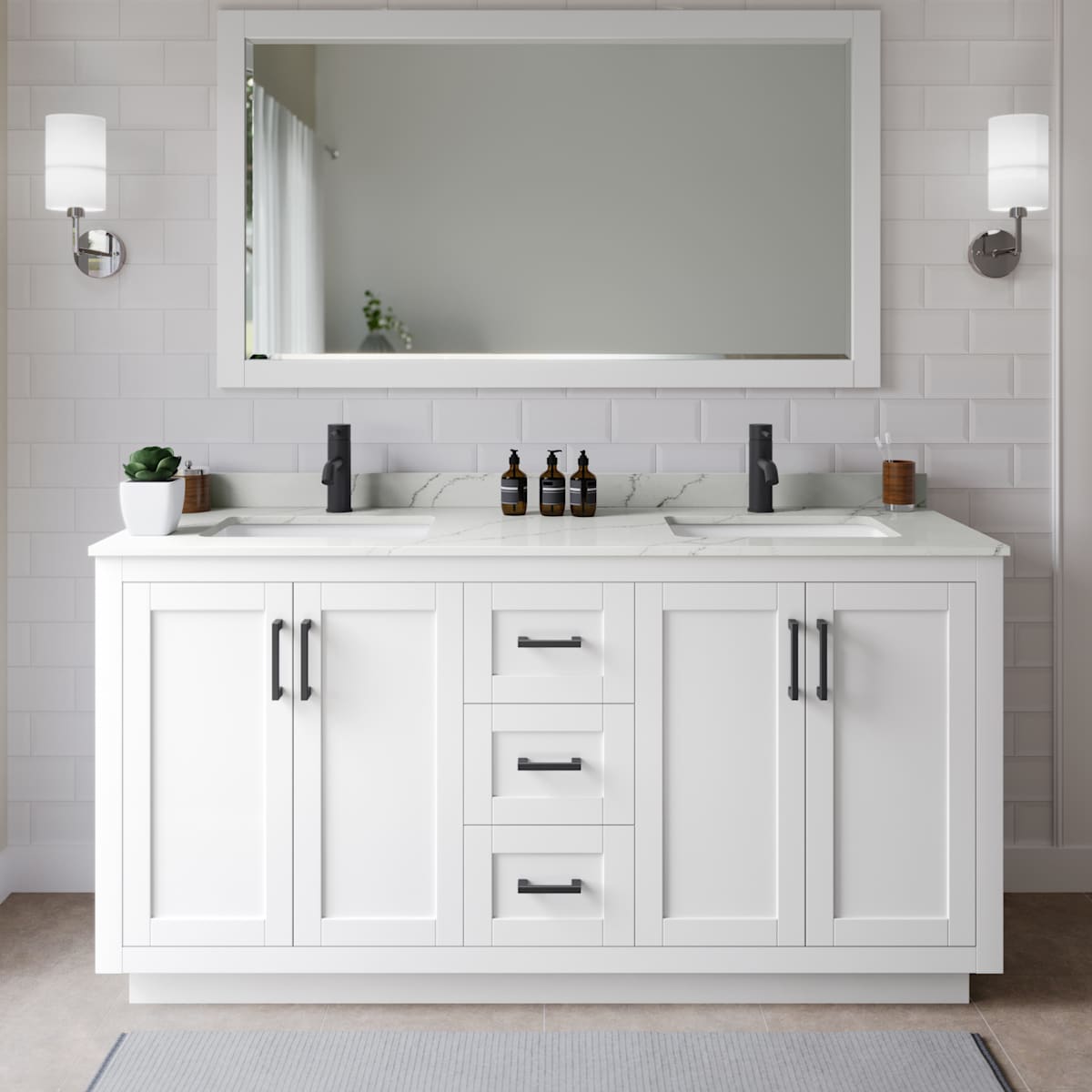 Miranda 66" Free Standing Double Basin Vanity Set with Cabinet and Quartz Vanity Top