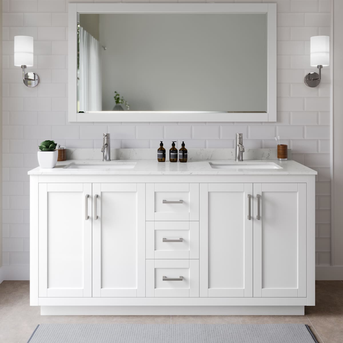 Miranda 66" Free Standing Double Basin Vanity Set with Cabinet, Cultured Marble Vanity Top, and Framed Mirror - image 1