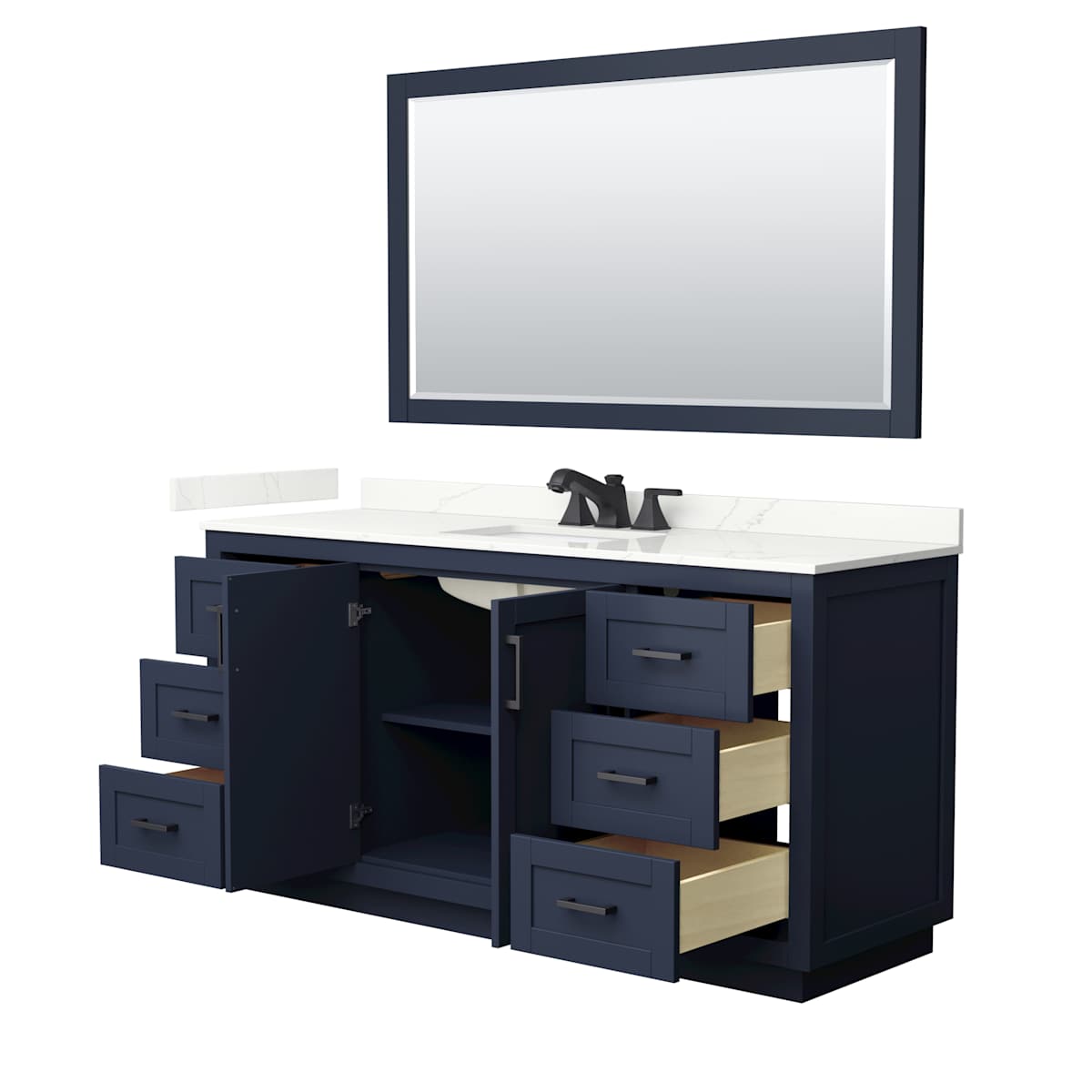 Miranda 66" Free Standing Single Basin Vanity Set with Cabinet, Quartz Vanity Top, and Framed Mirror
