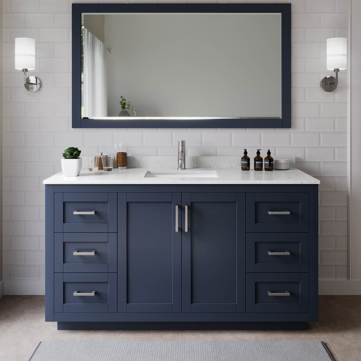 Miranda 66" Free Standing Single Basin Vanity Set with Cabinet, Cultured Marble Vanity Top, and Framed Mirror