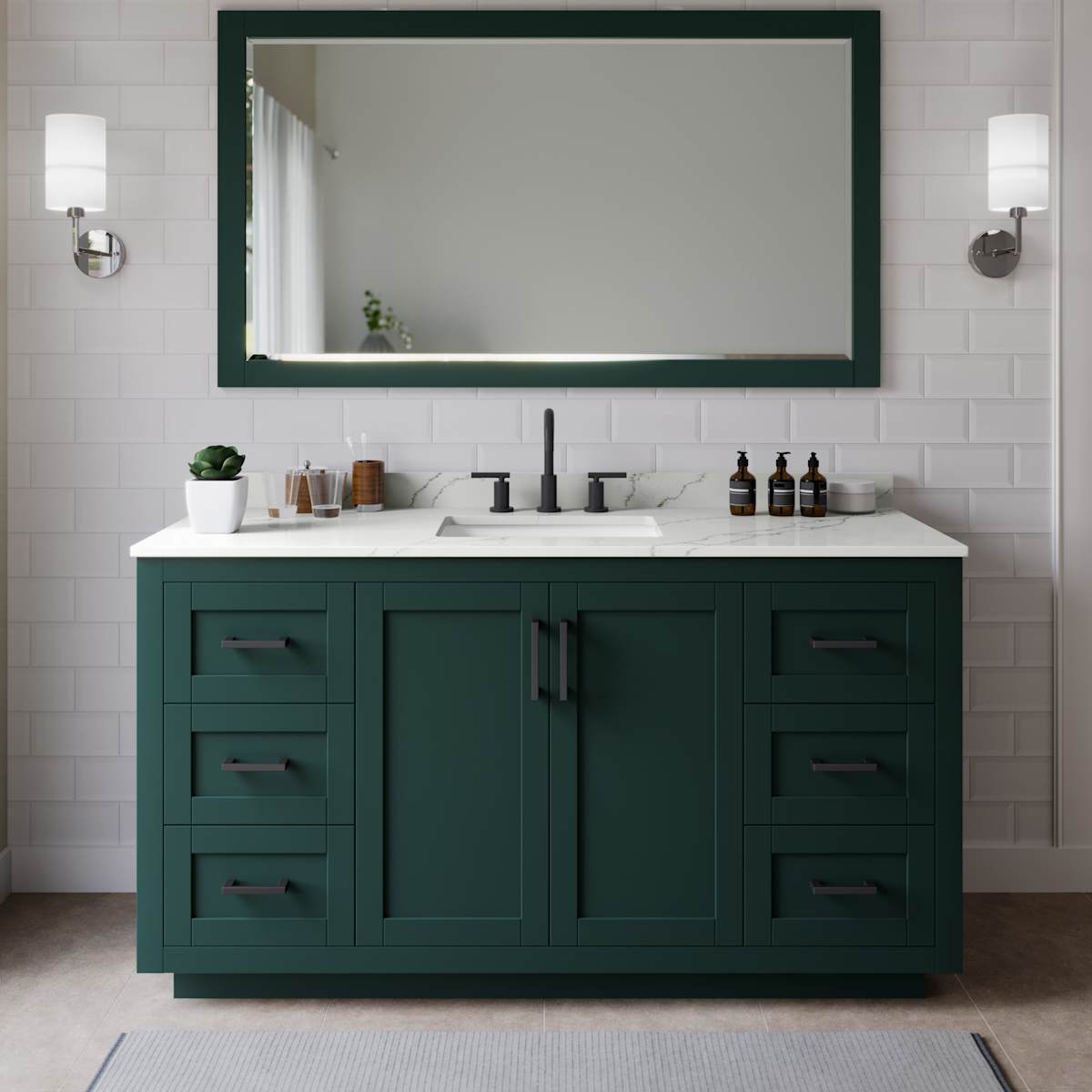 Miranda 66" Free Standing Single Basin Vanity Set with Cabinet, Quartz Vanity Top, and Framed Mirror